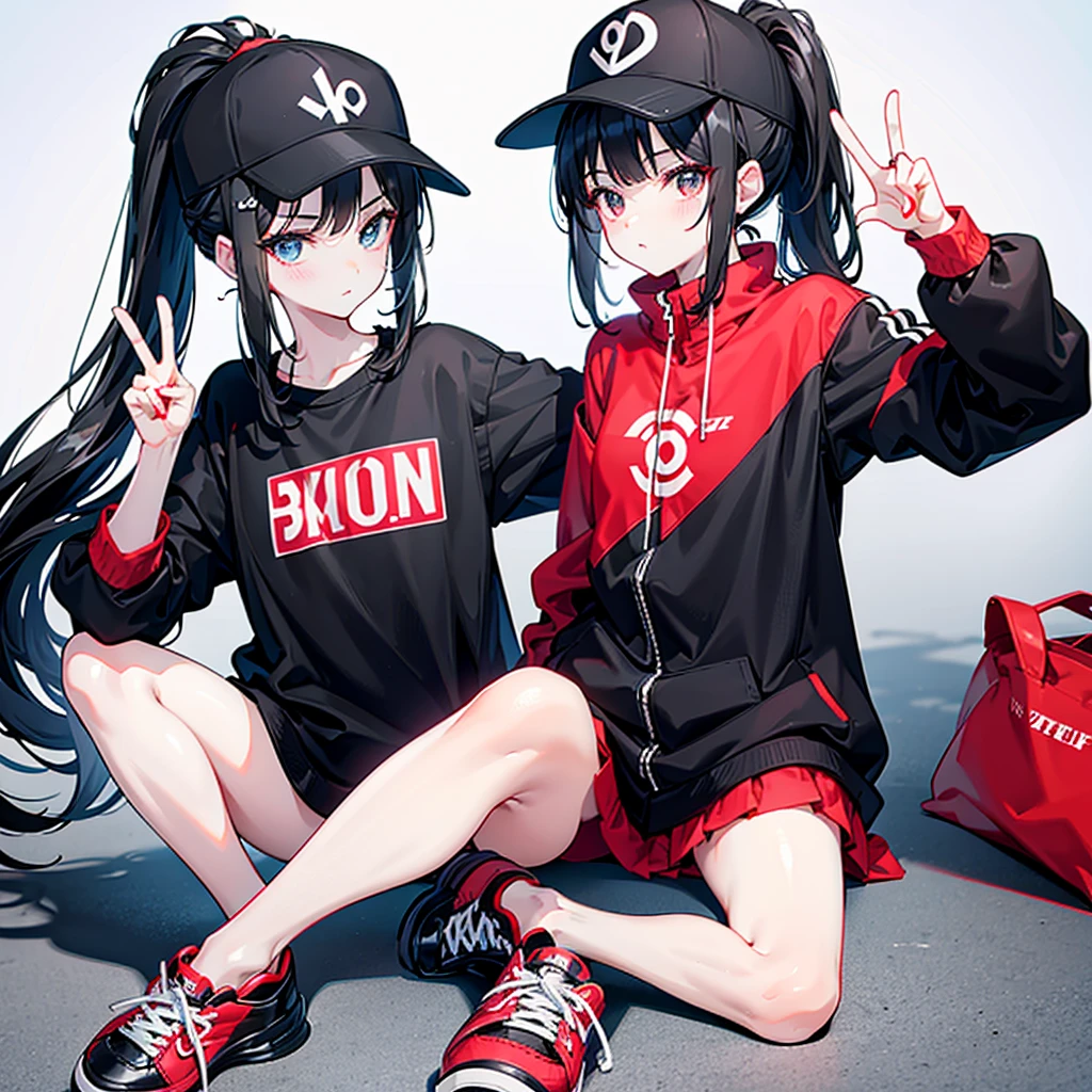 (ponytail),(Black Hair),beautiful girl,Peace sign near face, Wear a black hat,Red sneakers,It's a little far away,White tops,Black jacket,Black shorts,Tall buildings,signal machine,A lot of people,smile,In the city