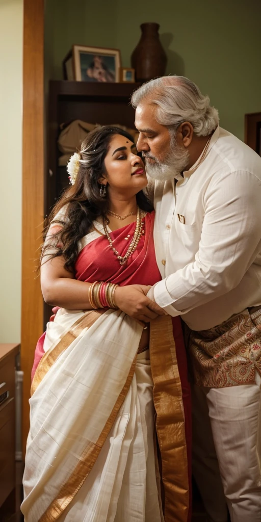 a  50-year-old shirtless man  affectionately hugging and kissing aradiant, full-figured South Indian plus-sized 30 year old teacher wearing a off white silky saree in  dressing room, captured in a full-body image with vibrant hues and meticulous details. Full body image