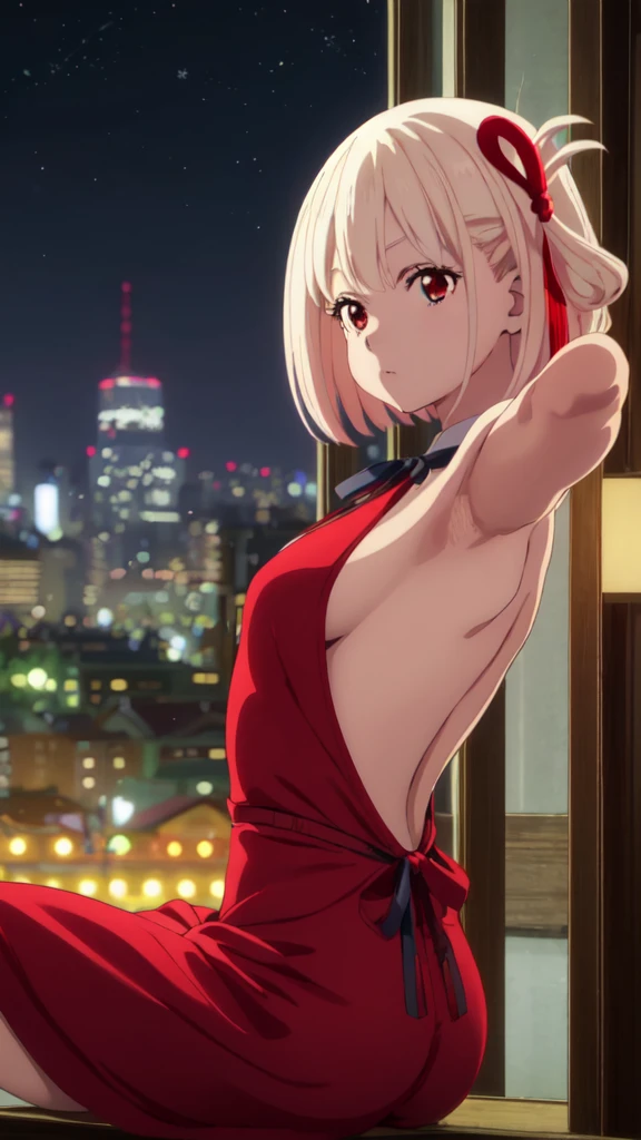 Best image quality、最high quality、high quality、City of night、Night view、city、city of tokyo、girl,Red dress、Dress with open chest、backless dress、Raise your arms、big breasts、big 、魅力的なvalley、valley、Side bust、Side view、look、up close view、Sitting、Upper Body、Upper Bodyfoucus,Moonlight, Bokeh, Depth of written border, Blurred Background, Senzoku Nishikigi、Short blonde bob、good、goodヘア、braid one's hair、Red eyes、Red ribbon、city内、city、city of tokyo