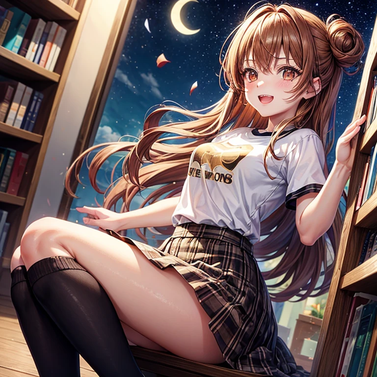 Brown and gold hair、Red gold eyes、Hair tied up、One good looking girl、solo、anime、Checkered mini skirt、T-Shirts、Black knee-high socks、Teeth are visible、Starry Sky、Midnight Moon、Confetti、Bookshelf、spiral stage