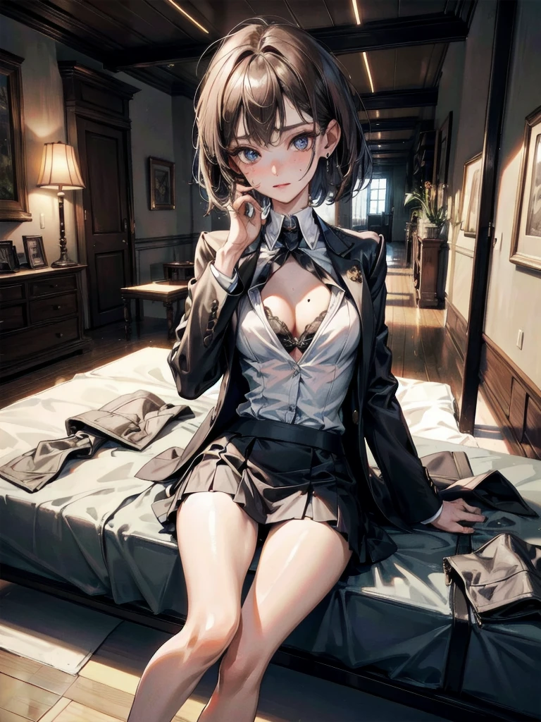 absurdres, RAW photo, extremely delicate and beautiful, masterpiece, Best Quality, ultra high resolution, 32k, hyperrealistic, ultra-detailed, perfect anatomy, super Detailed skin, perfect figure, Super Beauty, Perfect Style, Perfect balance, in her 20s, very Slim body, narrow waist, very small head, very small face, delicate facial features, tearful mole, earring, very huge round breasts, bare legs, medium hair, whole body shot, business suit, Jacket, blouse, short skirt, holding two katanas, Organic-Mechanical Temple, indoor,