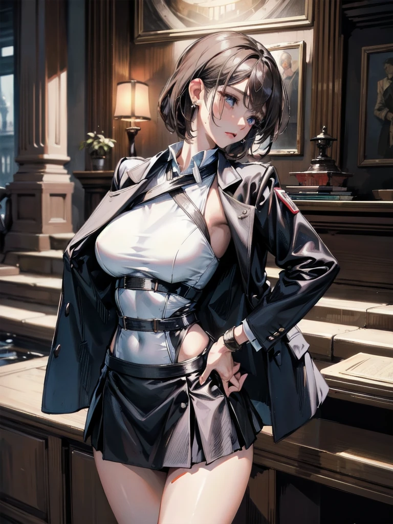 absurdres, RAW photo, extremely delicate and beautiful, masterpiece, Best Quality, ultra high resolution, 32k, hyperrealistic, ultra-detailed, perfect anatomy, super Detailed skin, perfect figure, Super Beauty, Perfect Style, Perfect balance, in her 20s, very Slim body, narrow waist, very small head, very small face, delicate facial features, tearful mole, earring, very huge round breasts, bare legs, medium hair, whole body shot, business suit, Jacket, blouse, short skirt, holding two katanas, Organic-Mechanical Temple, indoor,