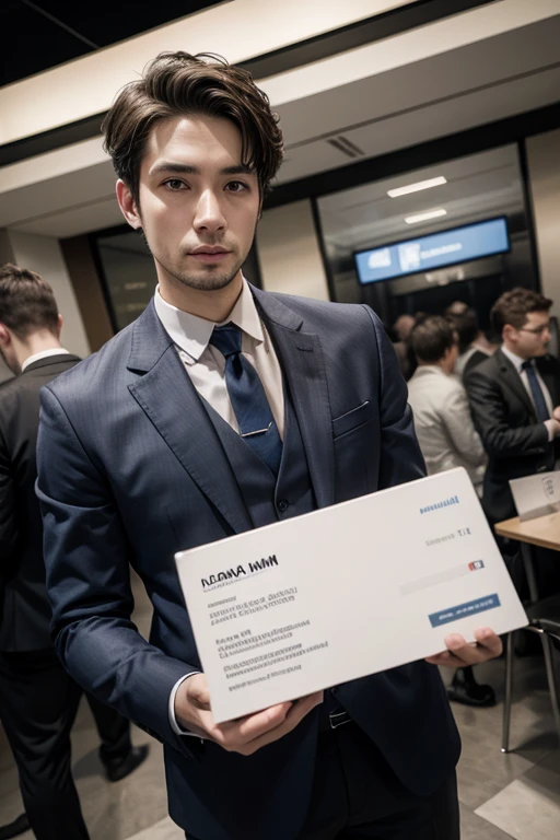 man holding business card and he is totally disoriented
