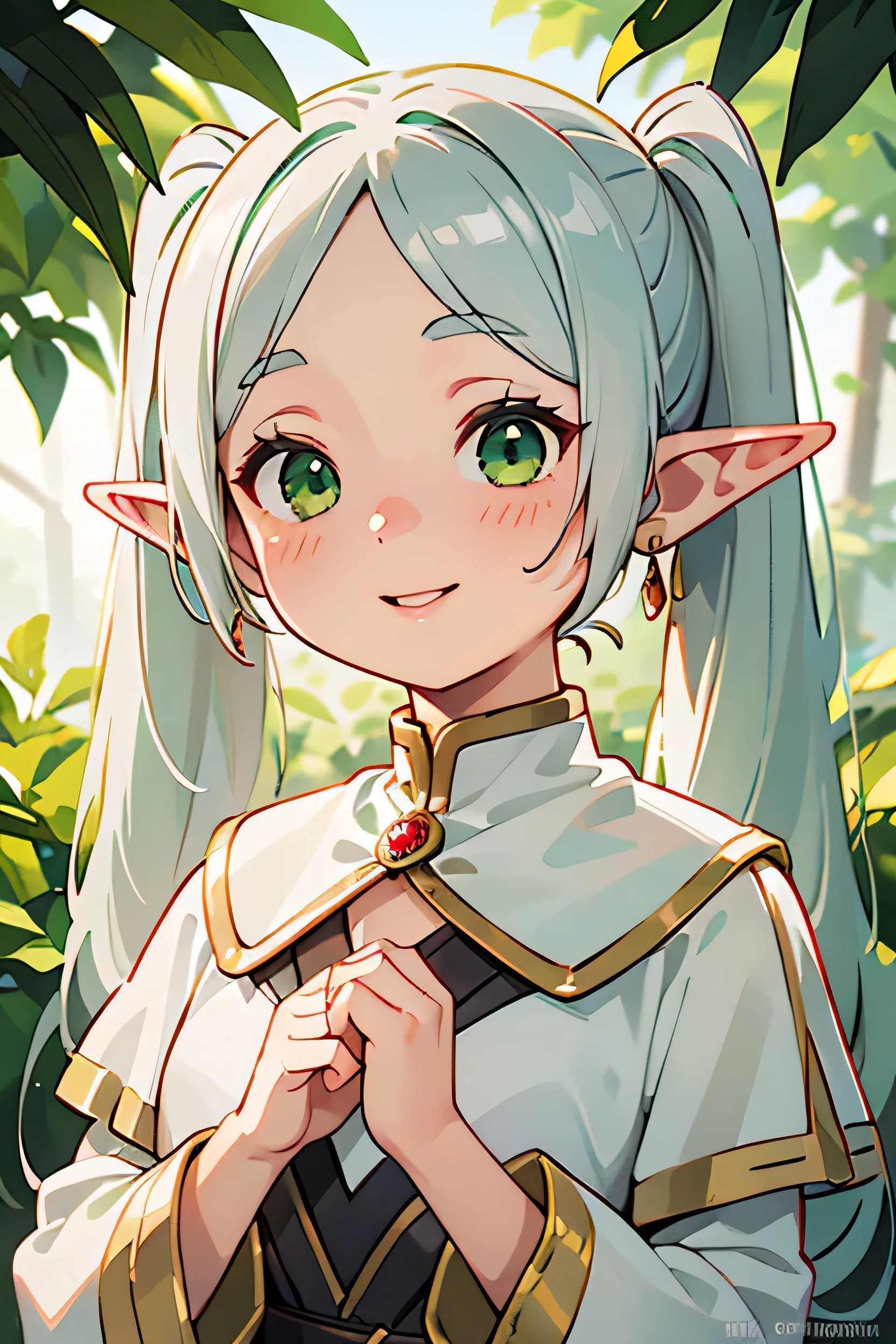 Facial lighting,Bright backlight,Ultra-high resolution,Highest quality,photograph,4K,(Realistic:1.2),Jingling,One girl,Green Eyes,Silver Hair,Elf Ears,smile,Twin tails,