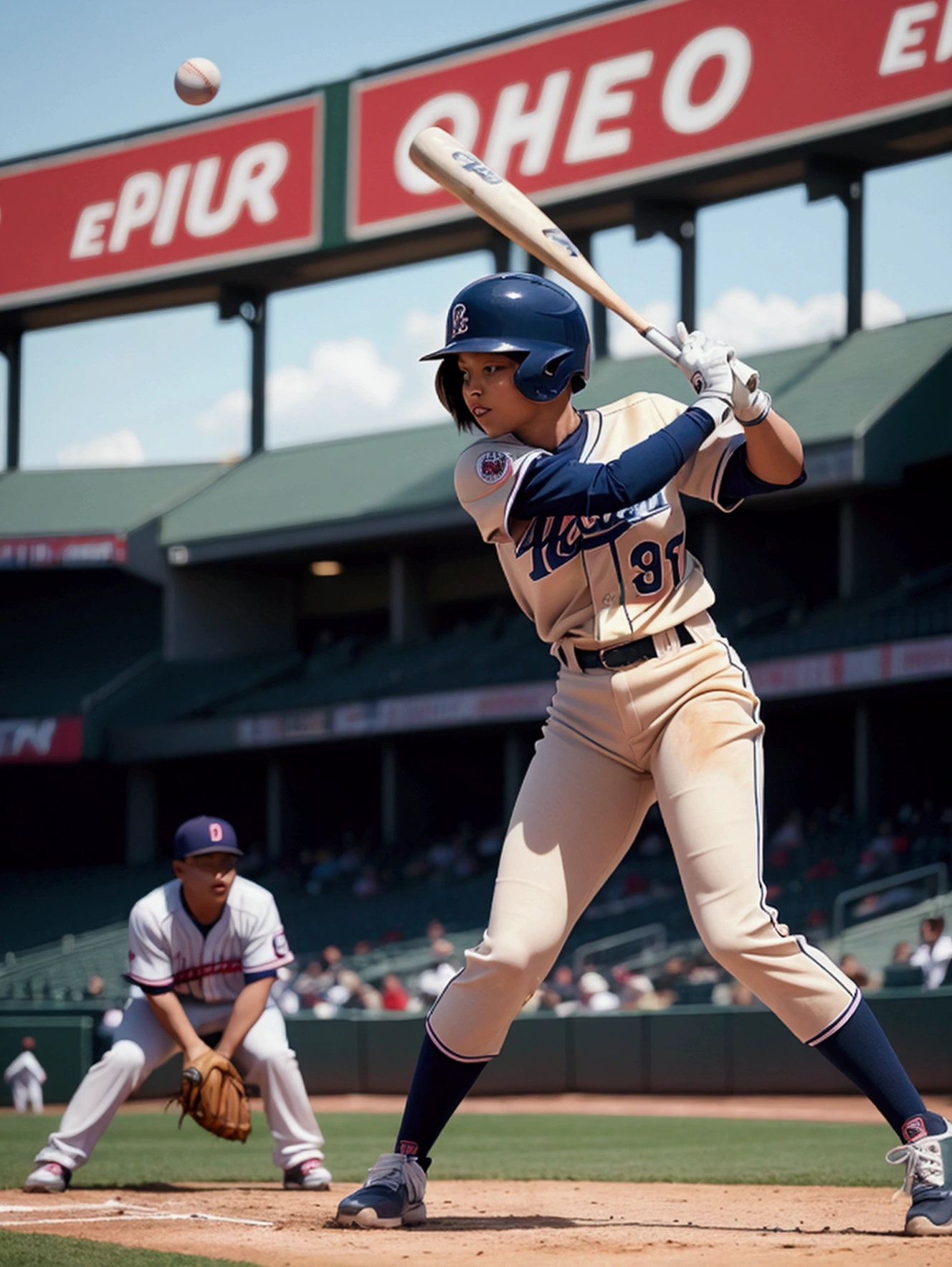 The central focus being a batter in mid-swing, decked out in typical 90s fashion, baggy uniform slightly ill-fitting but very representative of the era. The player wears high-top cleats, a batting helmet with a protective ear flap, and wooden bat in hands. In the background, envision other players in the field are ready for the play, noticeable diversity in terms of race and gender. The stadium backdrop buzzing with a crowd that radiates the quintessential enthusiasm of baseball fans of that time.
