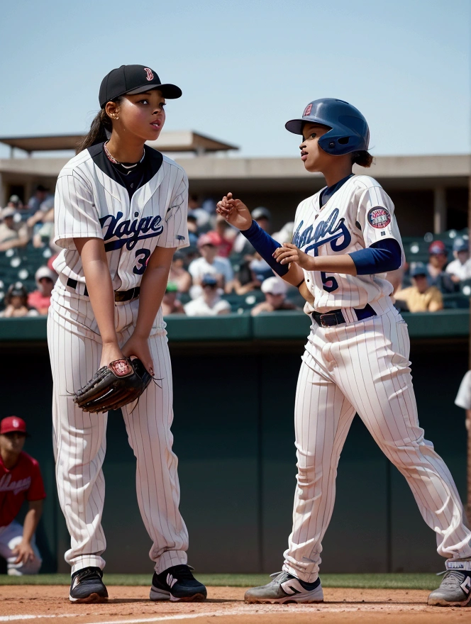 The central focus being a batter in mid-swing, decked out in typical 90s fashion, baggy uniform slightly ill-fitting but very representative of the era. The player wears high-top cleats, a batting helmet with a protective ear flap, and wooden bat in hands. In the background, envision other players in the field are ready for the play, noticeable diversity in terms of race and gender. The stadium backdrop buzzing with a crowd that radiates the quintessential enthusiasm of baseball fans of that time.