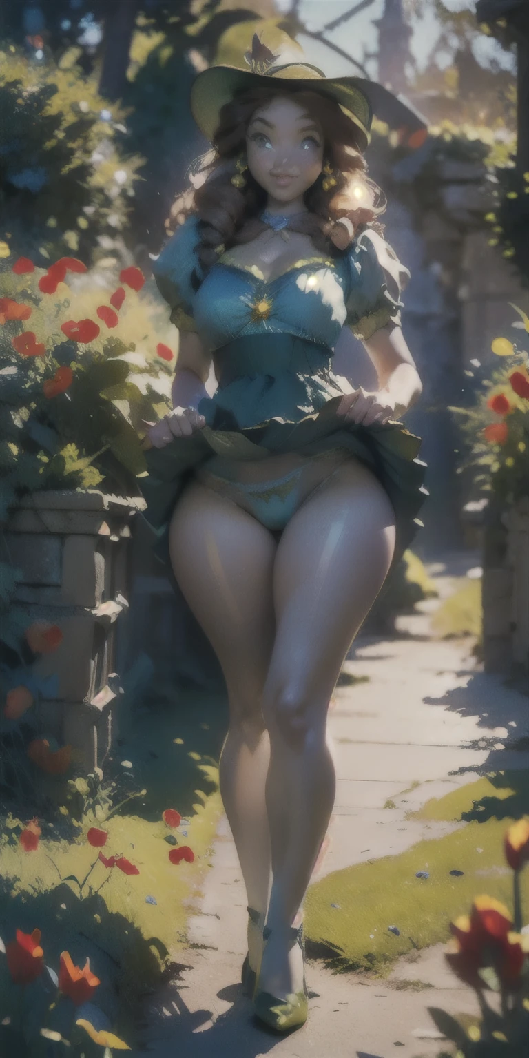 (((Highly detailed))), ultra realistic, 8k, HDR, award-winning, (((masterpiece))), vintage, photorealistic. Digital painting in the style of Gil Elvgren. Magical golden lighting, as in a fairy tale film. Depth of field. ((Dorothy Gale)), slim, 21-year-old with (short wavy pink hair) on a winding yellow brick road, (((low-angle view))), rule of thirds composition. Form-fitting 1950s style dress in light blue: (Deep square neckline) accentuating her (ample bosom). Short puffed sleeves, slightly gathered at the shoulders. (Tight bodice) with small buttons in front, the top ones straining to stay closed. The waist is cinched, emphasizing her figure. torn (((ultra-short))) layered skirt barely covers her (shapely bottom), showcasing her wide hips and revealing her (((camel toe))). White socks and red shoes, (((hips focus))). ((Giant red poppies)) with tree-thick stems tower overhead, interspersed with large yellow sunflowers. The winding yellow brick road curves above, individual bricks visible, leading to a glittering Emerald City on the horizon. Background seamlessly blends fantasy elements with hyper-realistic textures. Swirling glitter and magical sparkles float in the air. (((Vintage cinematic style inspired by the classic Wizard of Oz movie))). Volumetric fog, golden hour. SergeyProkudinGorsky, UnderButt, lowangleview-3000
