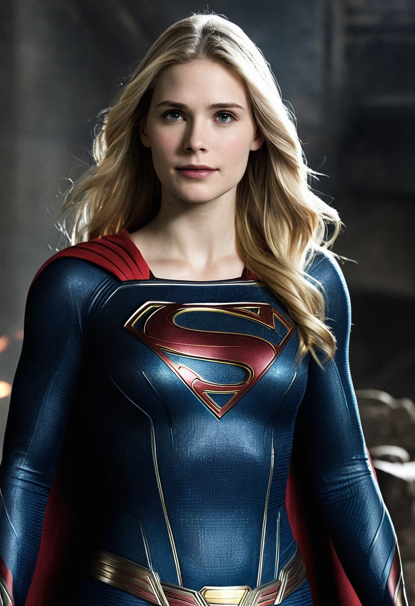 (((Gaia Weiss under the mantle of the Kryptonian Kara zor-The alias Supergirl Suit Man Of Steel Movie front images color images Splash Front Images Suit Man Of Steel Movie))),(((long blonde hair)))