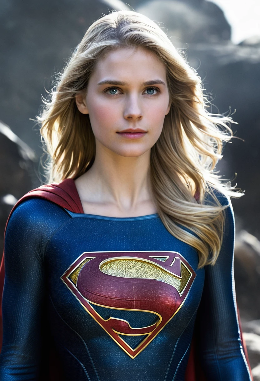 (((Gaia Weiss under the mantle of the Kryptonian Kara zor-The alias Supergirl Suit Man Of Steel Movie front images color images Splash Front Images Suit Man Of Steel Movie))),(((long blonde hair))) 