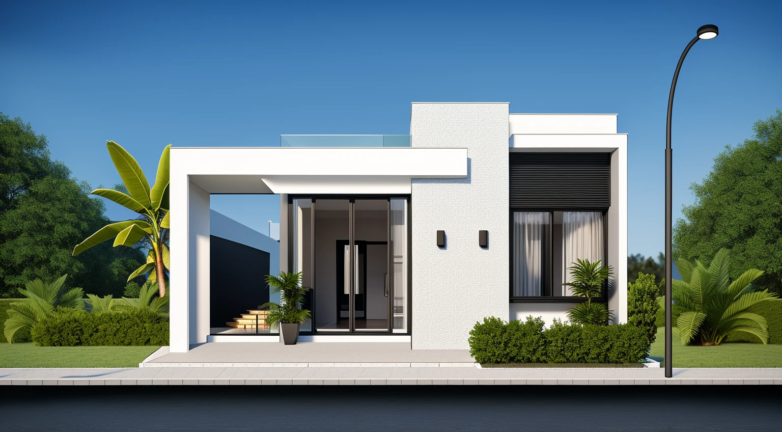 Raw photo,Masterpiece, high quality, best quality, authentic, super detail, outdoor, exterior , ((modern house :1.3)), modern style, daylight, (WHITE WALL),luxury, 8k
