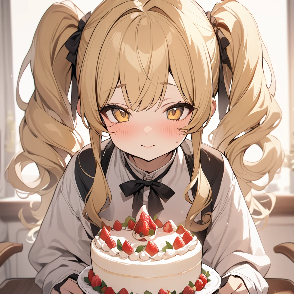 Highest quality, masterpiece, Blonde, Twin tails, Curly Hair, Yellow Eyes, cute, cake, 