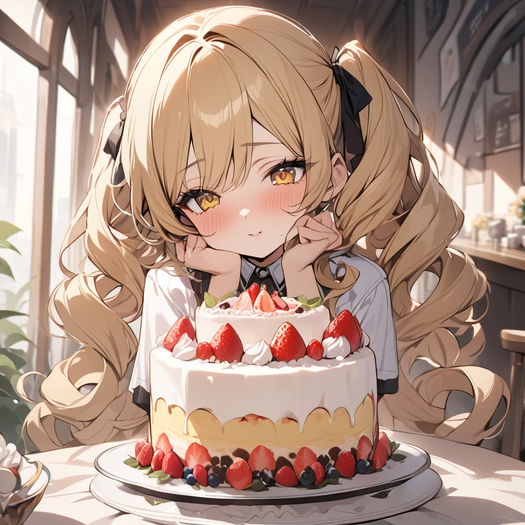 Highest quality, masterpiece, Blonde, Twin tails, Curly Hair, Yellow Eyes, cute, cake, 