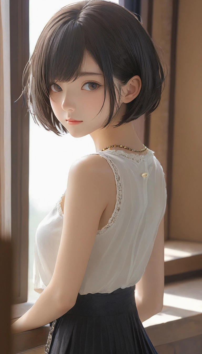 (masterpiece, Highest quality:1.2), One girl, alone,bony body、15 years old、, Extra Short Hair, Side lock hair