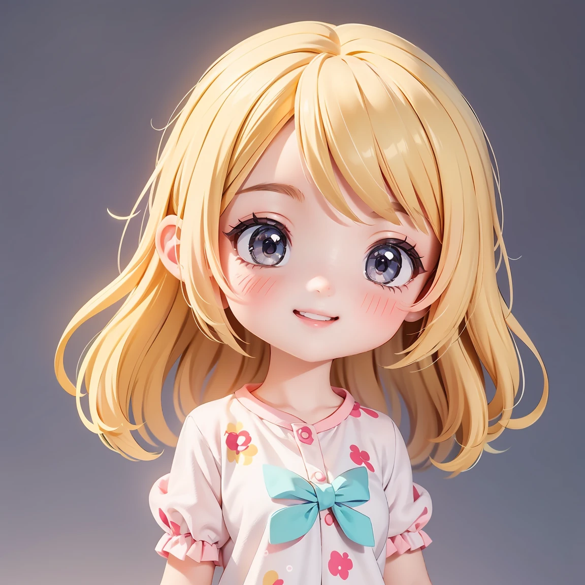  Super Chibi Character：1.8、wearing cute sandals、background：Simple all over、Blonde Hair、Cute 7 year old girl、Random cute outfits、Here you go pose：1.8、Super Happy Smile：1.8