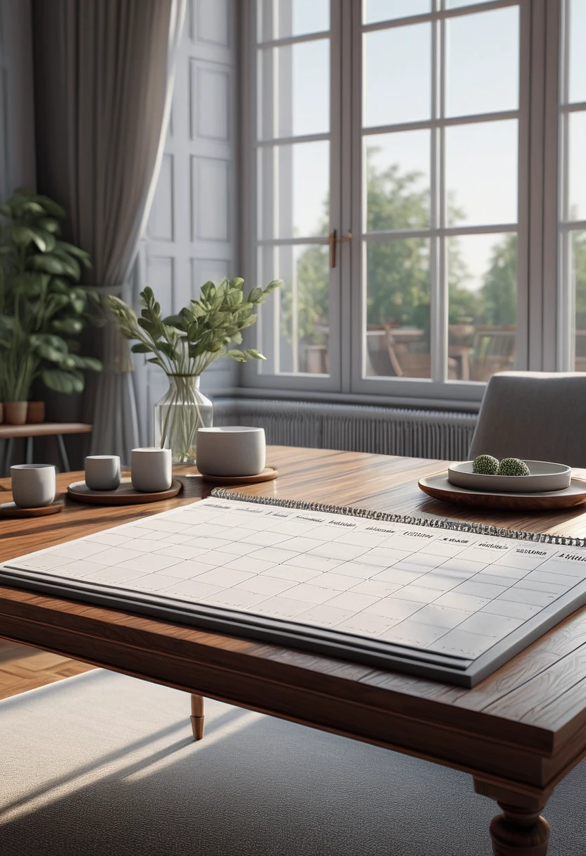 a calendar on a minimalist table, living room, white, gray, giant windows, detailed elegant calendar, ornate calendar, elegant calendar, minimalist interior, large windows, natural light, photorealistic, 8k, ultra-detailed, masterpiece, high quality, realistic, studio lighting, physically-based rendering, dramatic lighting, chiaroscuro, cinematic, moody, atmospheric