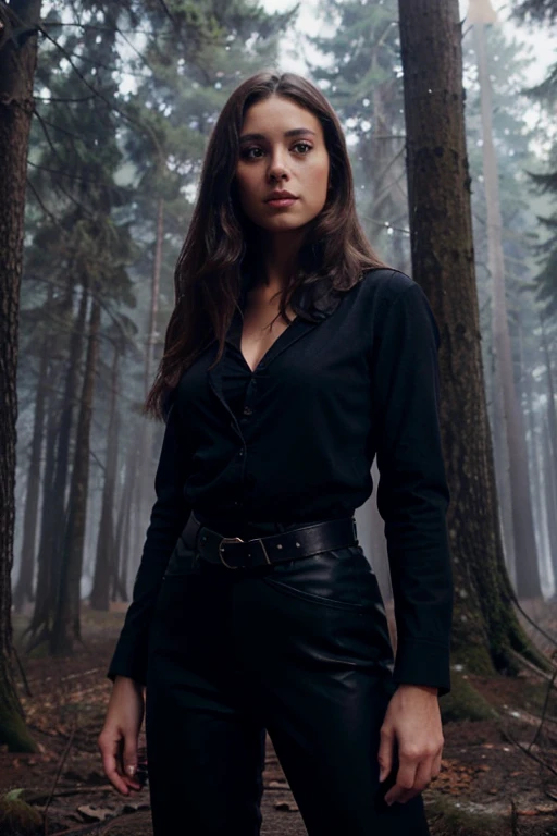 Serena Dunbrook, María Ana Jarou, Teen Wolf, 30 years old, long messy brown hair, slim build, blue eyes, black dress jacket, dark blue shirt, black pants, black belt, black dress stumps, hanging red sword, background forest with fog