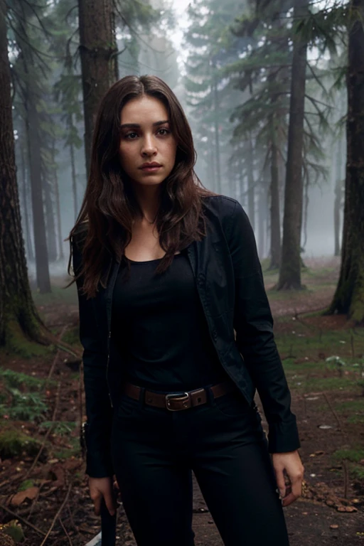 Serena Dunbrook, María Ana Jarou, Teen Wolf, 30 years old, long messy brown hair, slim build, blue eyes, black dress jacket, dark blue shirt, black pants, black belt, black dress stumps, hanging red sword, background forest with fog