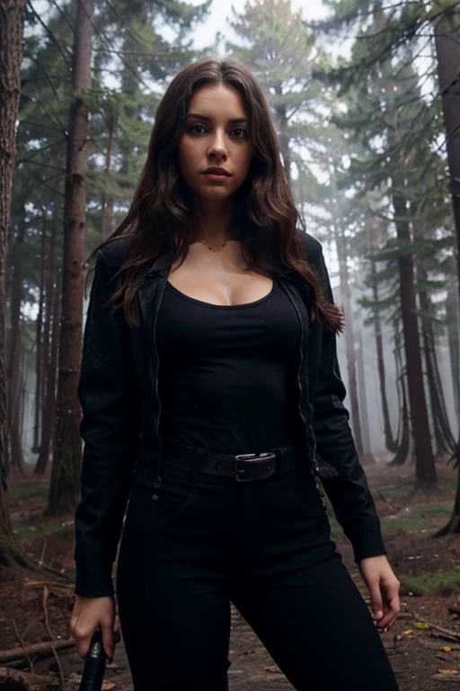 Serena Dunbrook, María Ana Jarou, Teen Wolf, 30 years old, long messy brown hair, slim build, blue eyes, black dress jacket, dark blue shirt, black pants, black belt, black dress stumps, hanging red sword, background forest with fog