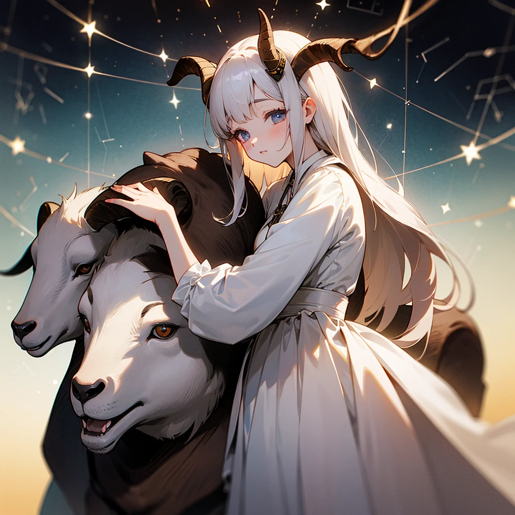 high resolution、Constellation motif、Aries Girl、Goat horns growing from his head、Wearing a white dress。Fantasy、beautiful、cute。Pop。