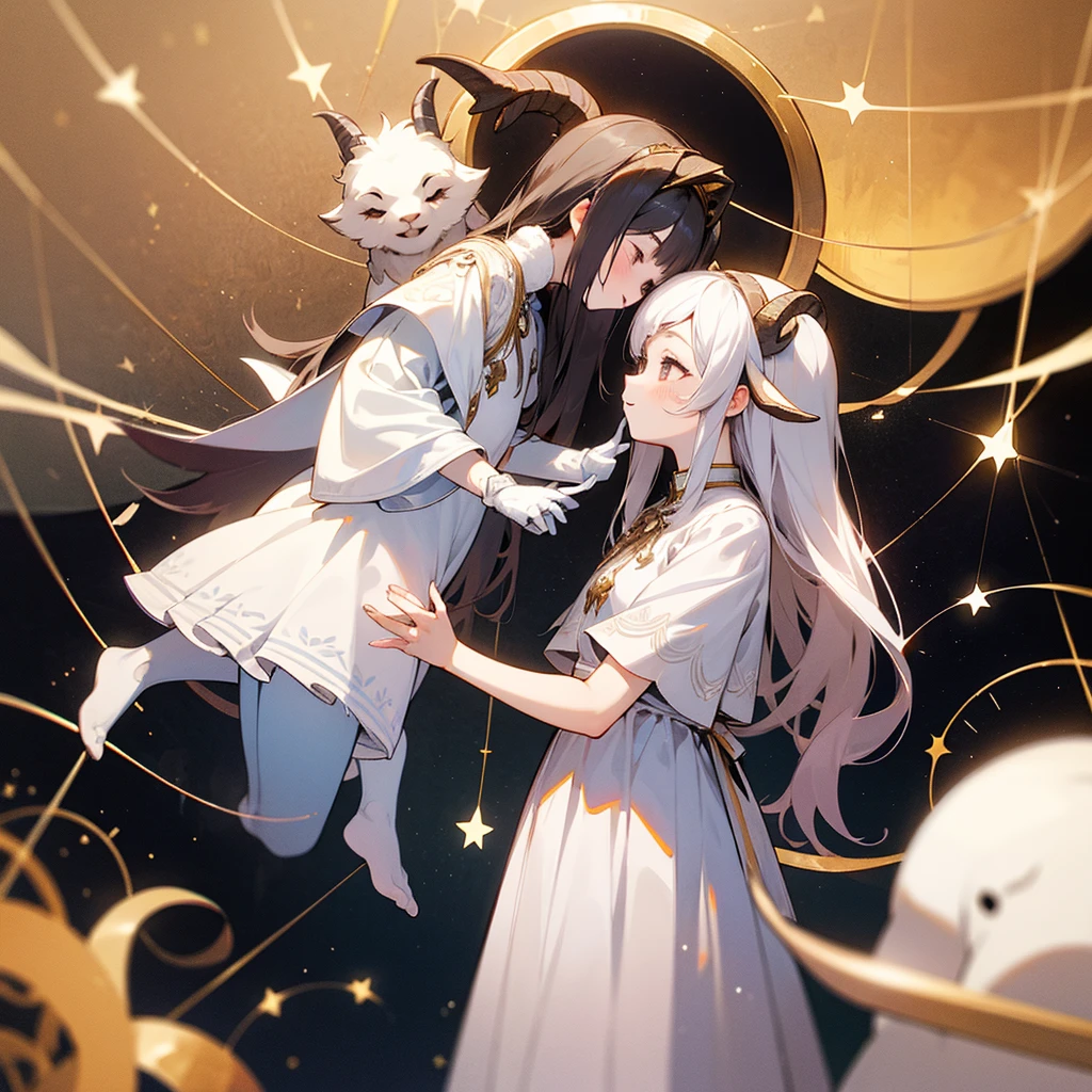 high resolution、Constellation motif、Aries Girl、Goat horns growing from his head、Wearing a white dress。Fantasy、beautiful、cute。Pop。