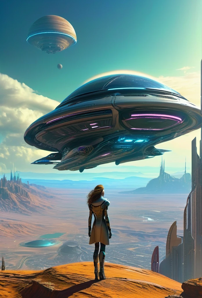 A masterpiece of a woman in an extraterrestrial suite, looking at Saturn, She is in her futuristic cyberpunk all-terrain extraterrestrial flying vehicle, with the magnificent city of the Earthling colony in the distant valley, incredibly detailed futuristic scene background, ultra realistic, Estilo Don Lawrence, ultra high resolution, ultra high definition, 8K, cru, octane rendering