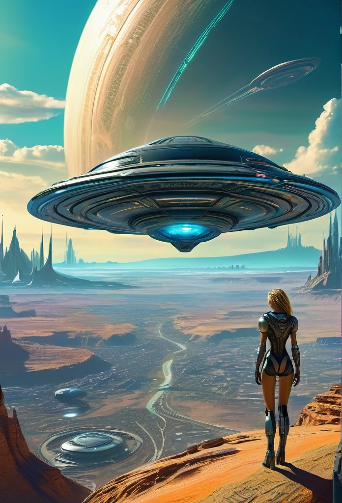 A masterpiece of a woman in an extraterrestrial suite, looking at Saturn, She is in her futuristic cyberpunk all-terrain extraterrestrial flying vehicle, with the magnificent city of the Earthling colony in the distant valley, incredibly detailed futuristic scene background, ultra realistic, Estilo Don Lawrence, ultra high resolution, ultra high definition, 8K, cru, octane rendering