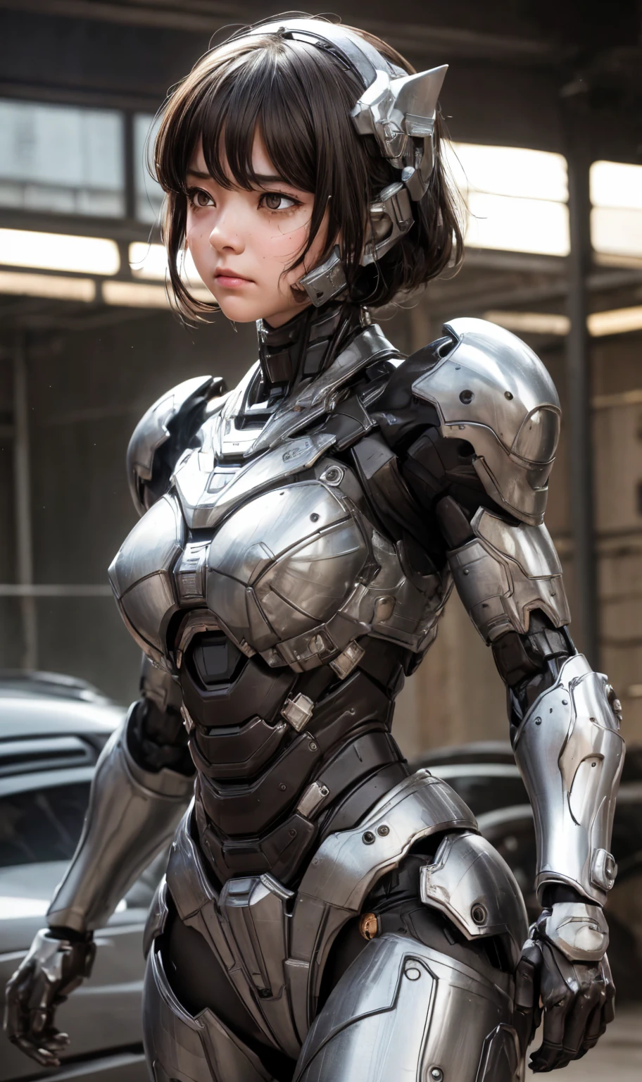 Textured skin, Very detailed, Attention to detail, high quality, 最high quality, High resolution, 1080P, hard disk, beautiful,(War Machine),beautifulサイボーグ女性,Black Mecha Cyborg Girl,Fight,Girl with a mechanical body,、Plain junior high school girl　、Sweaty brown eyes、Sweaty face、Expressions of distress　Blushing　cute　Black-haired　((Steam coming from the head)) (Steam coming out of the whole body) Cool pose