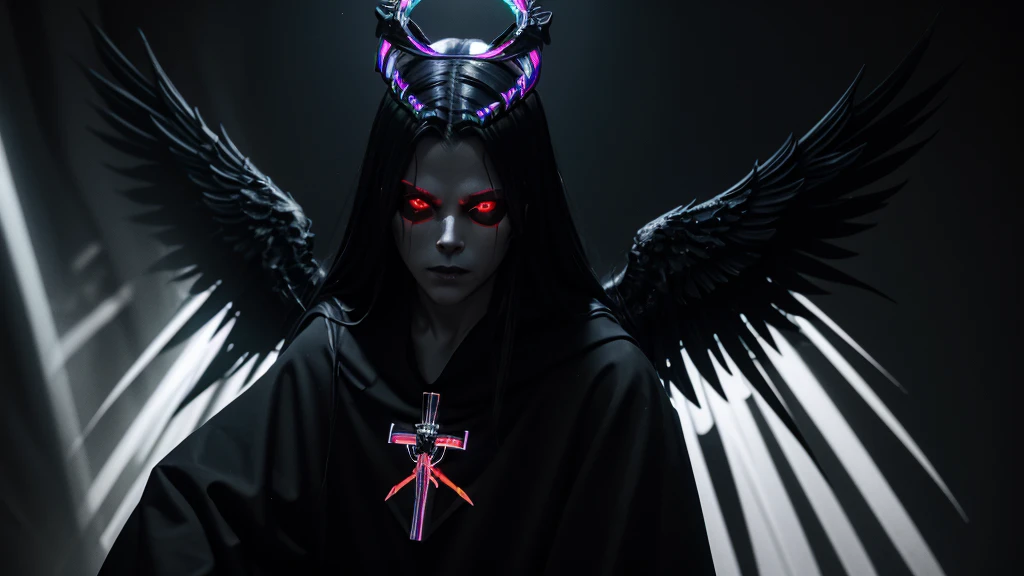 long shot, full body of mask assassin seating on a thrown, eyes glowing red, wearing a halo crown and wearing black and white clothes, crucifix cross with wings in the background, high detail, wide shot, 4K, 3D, REALISTIC, (iridescent glow smoke), UHD, 32K, very bold neon colors, black light, neon light