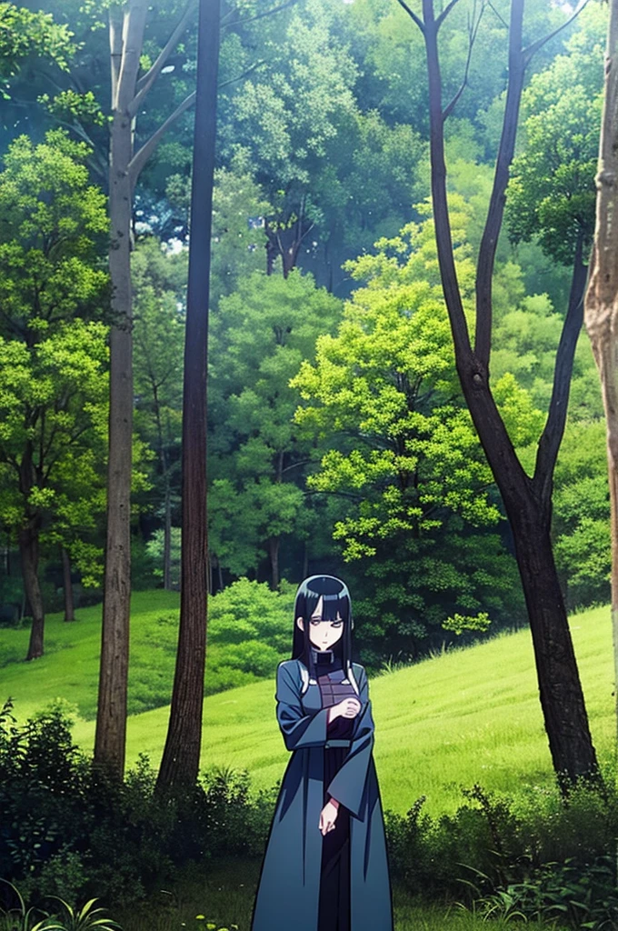 jujutsu kaisen screenshot of a woman with long straight black hair, with straight bangs, with slanted and small blue eyes, In a forest, season 2, and with the jujutsu kaisen uniform