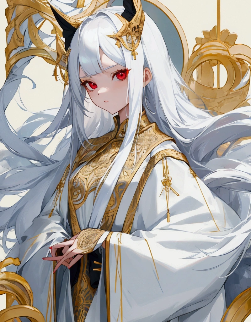 cute girl, with long white hair and white and gold clothes with beautiful red eyes and who is 20 years old