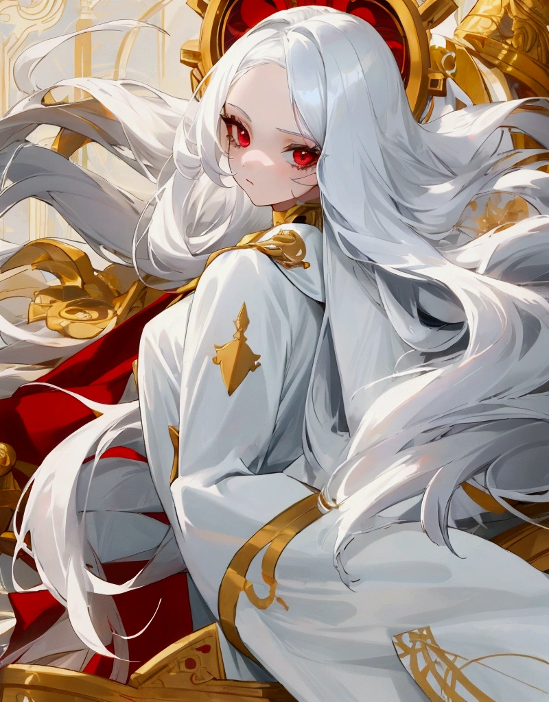 cute girl, with long white hair and white and gold clothes with beautiful red eyes and who is 20 years old