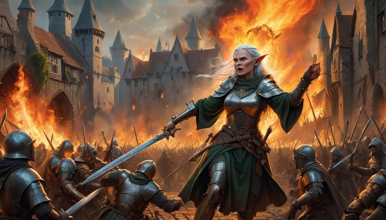 Highly detailed, UHD, 32k, medieval fantasy, heavy metal magazine cover, oil on canvas. Multiple subjects. Medieval cinematic War scene. An elderly elf lady fighting a human army, she is trading sword blows with a burly human with a silver sword. The scenery is a human town in flames. 