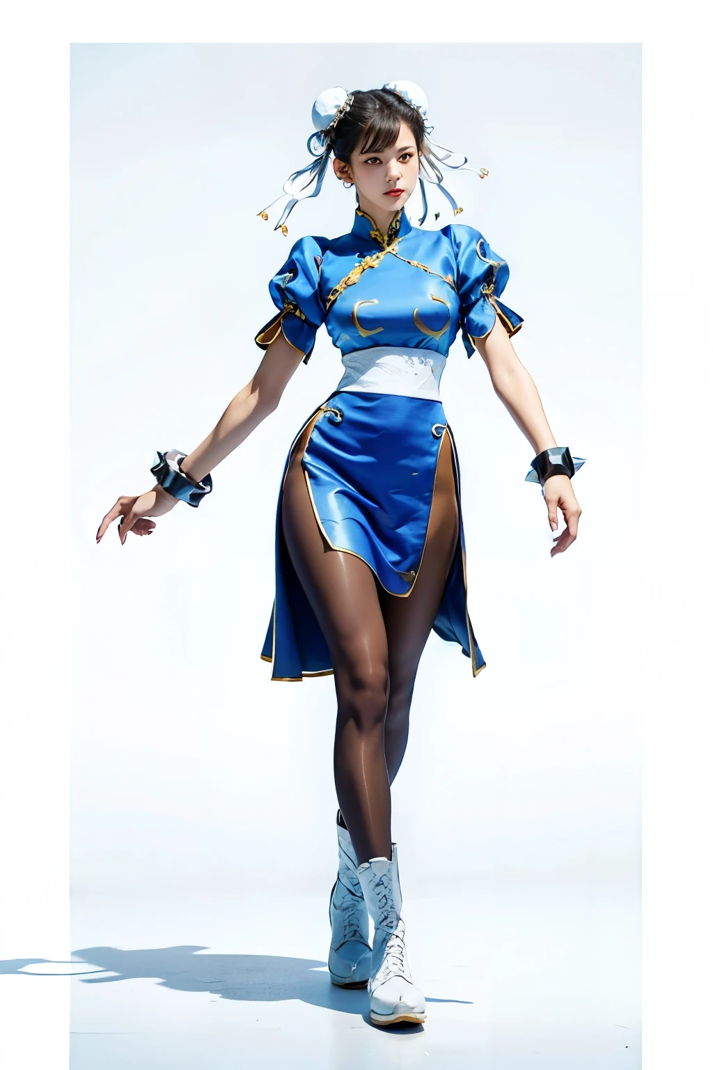 tall, hands on crotch, gather legs,shy,white background,chun-li, standing,Bun head,bun covers, boots, bracelet, brown pantyhose, china dress, blue china dress color, chinese clothes, blue china clothes color,cross-laced footwear, dress, gold trim, jewelry,20 denial pantyhose, brown pantyhose color,pelvic curtain, puffy sleeves, sash, short sleeves, side slit, spiked bracelet, spikes and white footwear, beauty face, big breast, thick tight