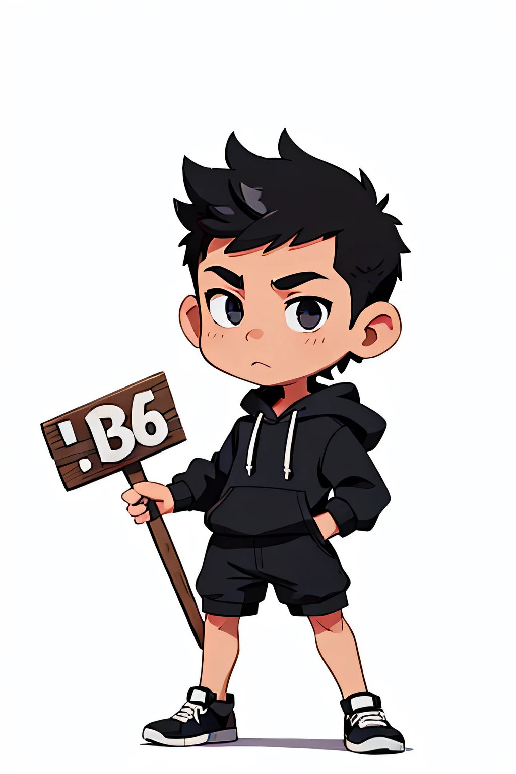 full figure chibi of a man with short black hair and shaved sides holding a big enormous sign, white background. He has bangs and wears a black hoodie and short pants