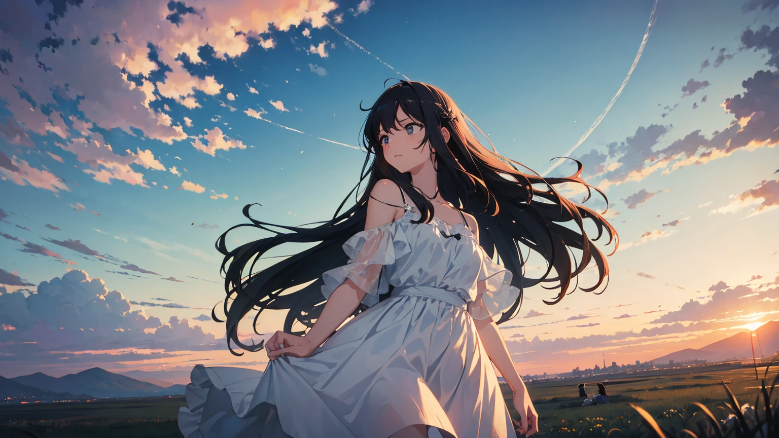Vast landscape photography、grassland、(View from below、Shows the sky above and below)、High resolution、Highest quality、Very detailed、makoto shinkai、sunset、Girl in white dress looking sideways、College student with long brown hair、Lens blur、Created exquisite illustrations reminiscent of Makoto Shinkai's style, 非常に細かいディテールとHighest qualityを備えています. Cityscape at dusk,I will create high quality illustrations of two beautiful adult women.。. The overall composition should evoke a sense of nostalgia and fantasy., Intricate details that capture the essence of a moment. Notice elements like the warm glow of the setting sun casting long shadows over the city, And the calm expressions of the two women looking at the view. The beauty of the sunset and the woman's serene contemplation come together in harmony.、Striving for a finely crafted work of art, Create a nostalgic and dreamy atmosphere. Highest quality, masterpiece