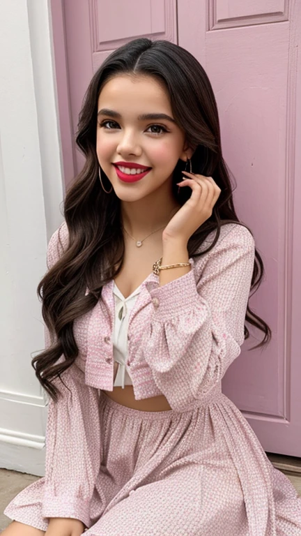 Lilimar Hernandez dressed in good girl clothes with painted lips and smiling