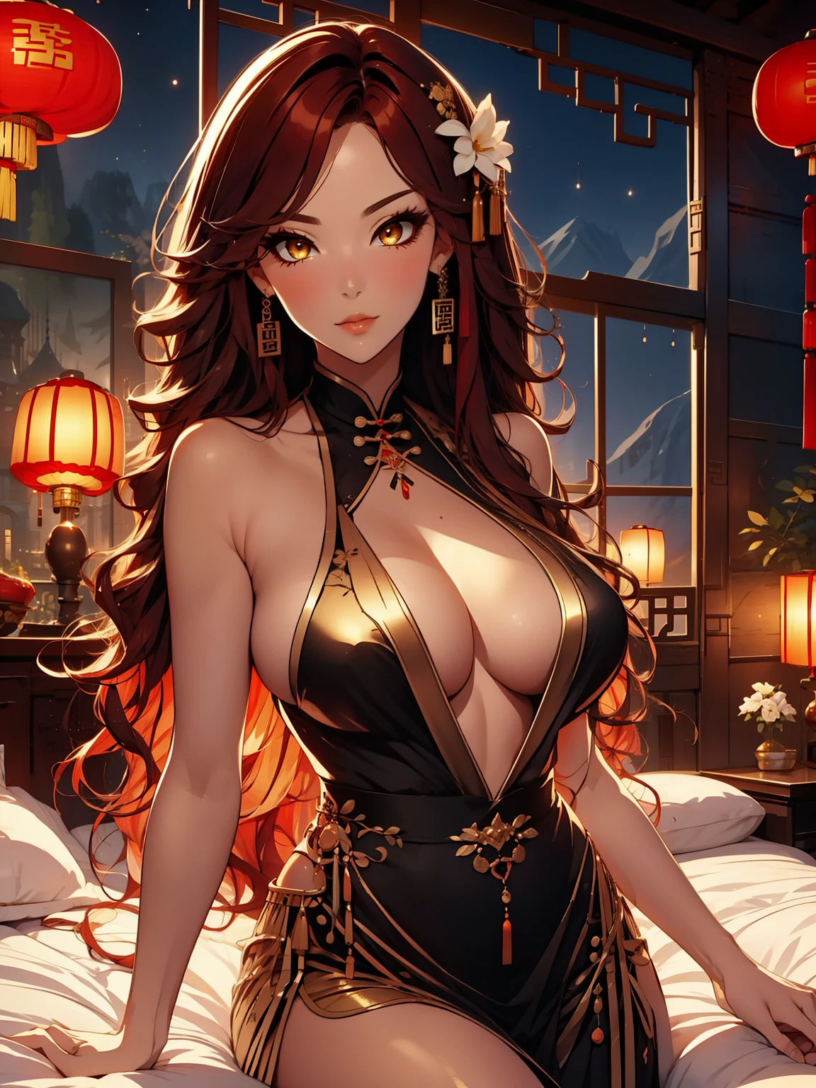 solo, solo girl, 1 girl, perfect anatomy, maximum sharpness, high definition, UHD, beautiful, marika, queen marika, black dress, low neckline, wavy red hair, golden eyes, detailed eyes, beautiful eyes, chest, one piece dress, sexy, sensual, no natural light, night, night, dark night, seductive, ruins, Magnolia, swallow, Traditional Chinese architecture,