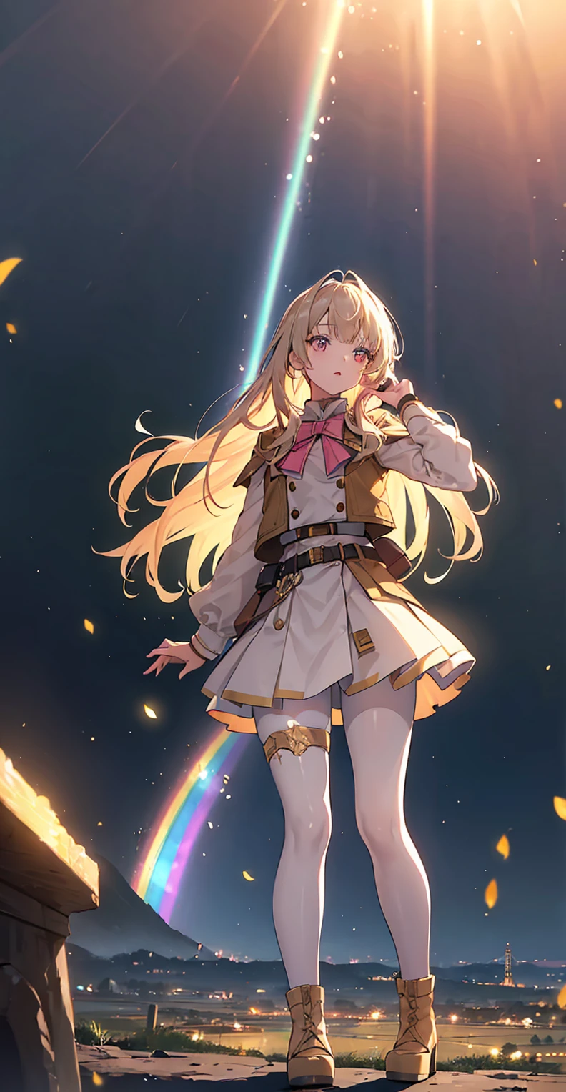 girl, Light brown long hair, Big pink eyes, Otome Kei, Beige pantyhose, Platform heeled boots, Perfect skin, A perfect face, The most beautiful thing, super Beautifully, {Extremely detailed 8k CG unit wallpaper}, Wide-ranging landscape photography, (Watch from below,Focus on character and setting), (Broader horizons), (Low angle shot), (emphasize: 1.2), (Low light: 1.5), (Warm light source: 1.6), Intricate details, (Rainbow Colors: 1.2), (Bright Lights), (Atmospheric lighting), Dreamy, magic, Beautifully