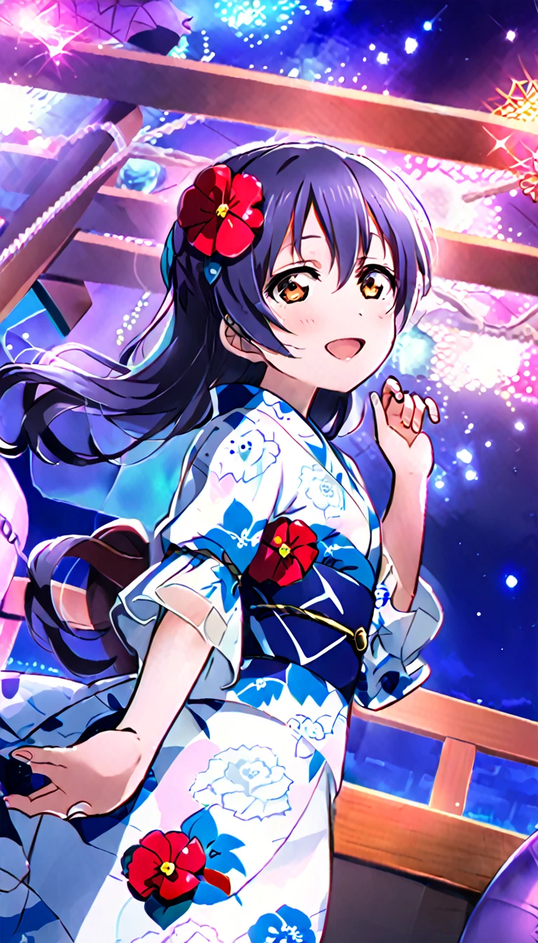 A viewer draws the whole body of Sonoda Umi, a girl in a yukata, from the side as she looks up at the fireworks exploding into the sky at a nighttime fireworks festival,id_umi_sonoda