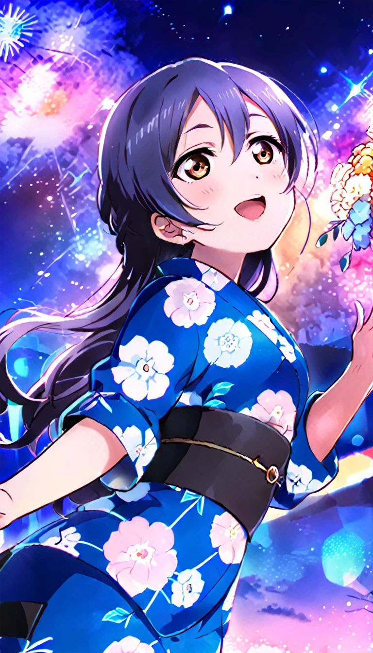 A viewer draws the whole body of Sonoda Umi, a girl in a yukata, from the side as she looks up at the fireworks exploding into the sky at a nighttime fireworks festival,id_umi_sonoda