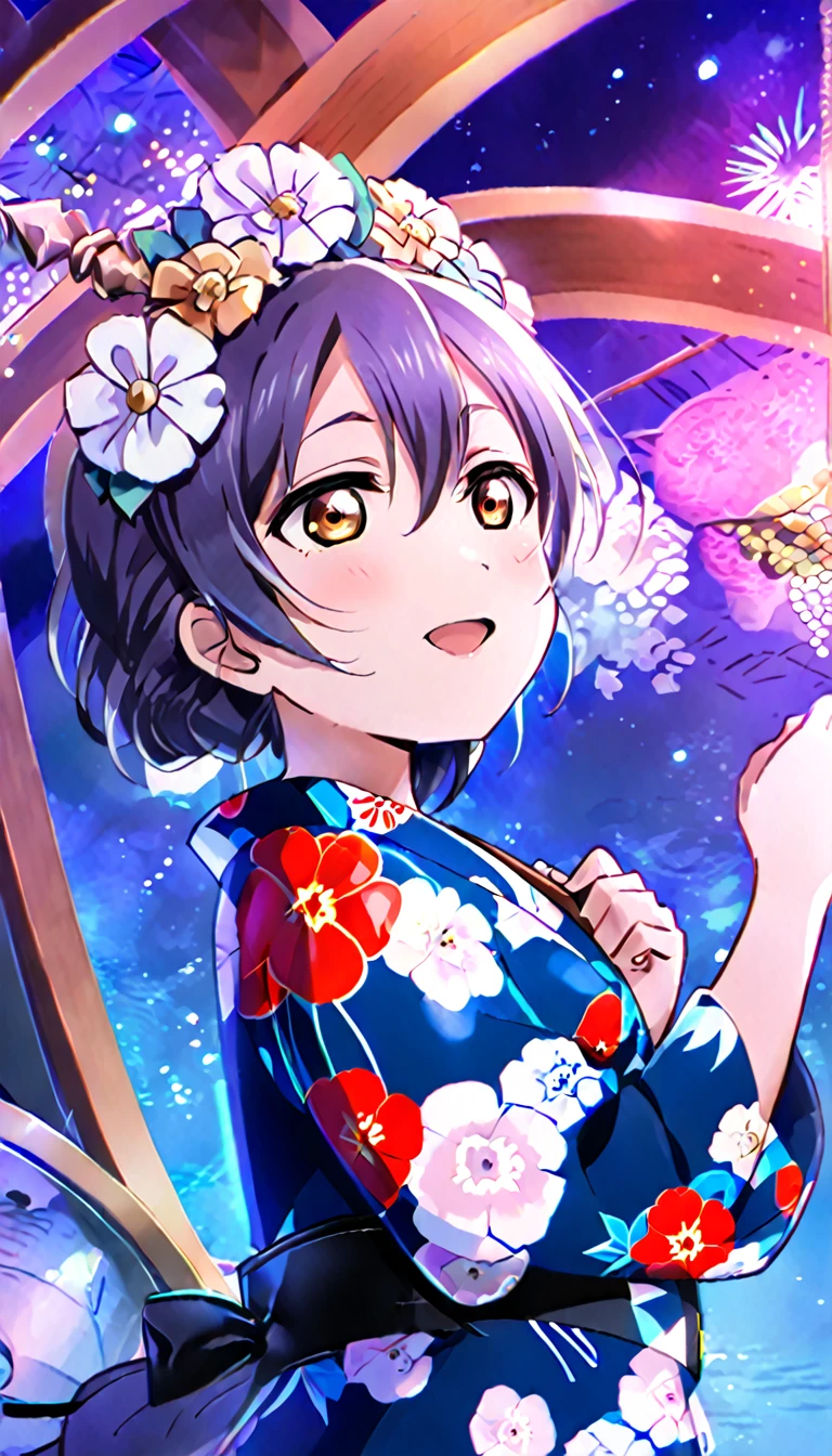 A viewer draws the whole body of Sonoda Umi, a girl in a yukata, from the side as she looks up at the fireworks exploding into the sky at a nighttime fireworks festival,id_umi_sonoda