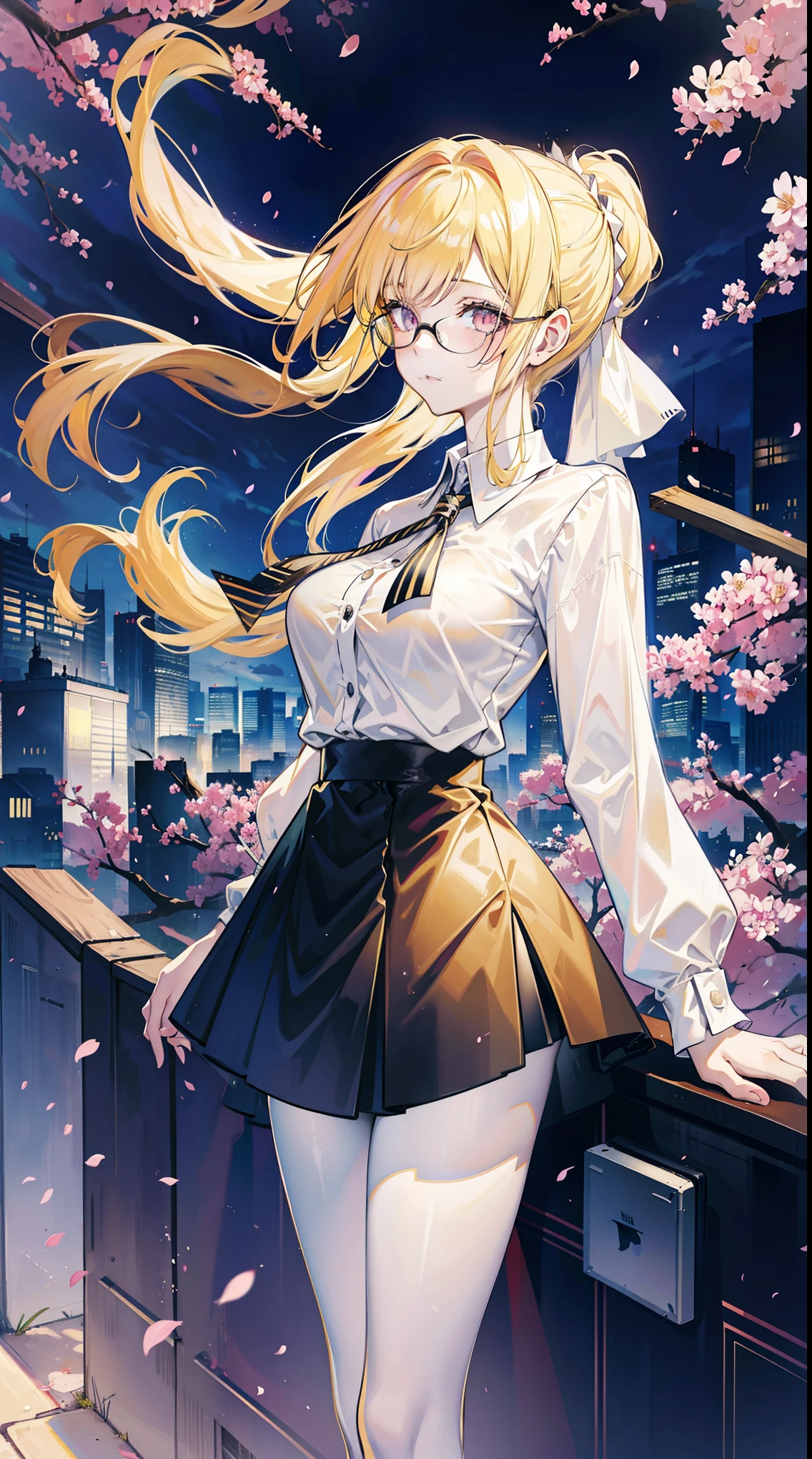 Young and beautiful Kathryn Newton, Glasses, White dress shirt, Very deep neckline, Black Mini Dress, Dark pantyhose, Surreal, , Model figure, Large Breasts, Beautiful breasts, Big Ass, Long hair, Random Hairstyle, Blonde hair,Ponytail, Long legs, 8K, futuristic city, Cherry blossoms, sunrise, LED lighting, Anime style, ((Leaning against the wall,Sideways posture))