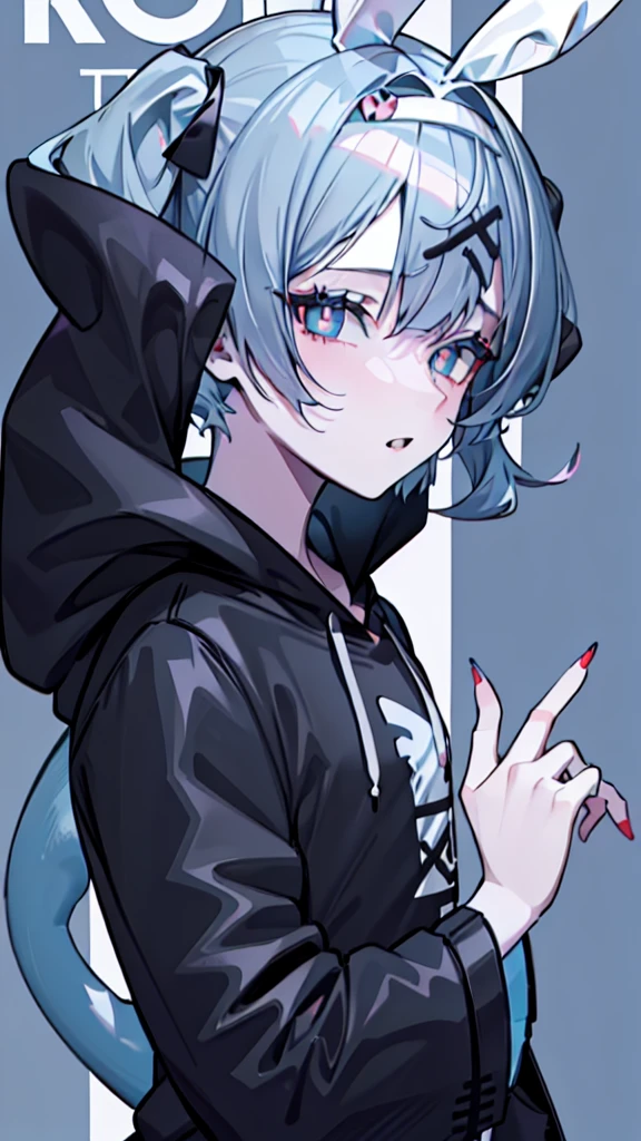 (1boy), (Wearing a blue shark tail hoodie), (Boy Messy Japanese Round Haircut for Thick Hair), (blue nails), (blue hair), black shorts, ((solo)), (magazine:1.3), (cover-style:1.3),  simple background, watch, hatsune miku, hair ornament, blue hair, rabbit ears, playboy bunny, twintails, bangs, leotard, blue eyes, x hair ornament, detached collar score_9, score_8_up, score_7_up, best quality, masterpiece, 4k, perfect lighting, very aesthetic, GOTH GIRL, (red pupils with X shape:1), x-shaped pupils, Ultra-detail,(highres:1.1),best quality,(masterpiece:1.2), cinematic lighting, (detailed face and eyes:1.2), 