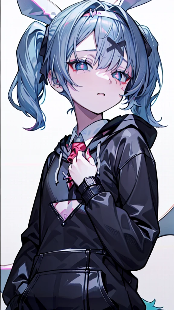 (1boy), (Wearing a blue shark tail hoodie), (Boy Messy Japanese Round Haircut for Thick Hair), (blue nails), (blue hair), black shorts, ((solo)), (magazine:1.3), (cover-style:1.3),  simple background, watch, hatsune miku, hair ornament, blue hair, rabbit ears, playboy bunny, twintails, bangs, leotard, blue eyes, x hair ornament, detached collar score_9, score_8_up, score_7_up, best quality, masterpiece, 4k, perfect lighting, very aesthetic, GOTH GIRL, (red pupils with X shape:1), x-shaped pupils, Ultra-detail,(highres:1.1),best quality,(masterpiece:1.2), cinematic lighting, (detailed face and eyes:1.2), 