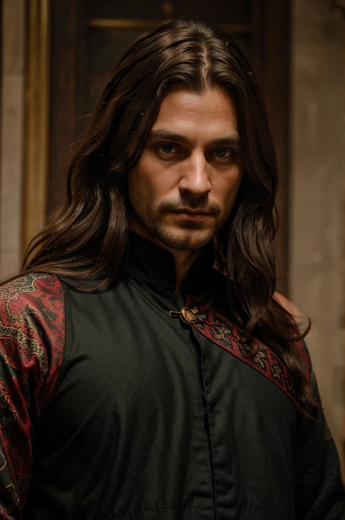 create a very charming and handsome 38 year old medieval king. he is dressed in red and black colors and a snake symbol on his clothes. he has shoulder length hair, dark brown, dark green eyes, wavy hair, serious