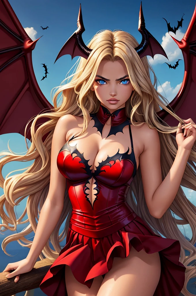 16 year old Adriana Lima, ultra detailed face, ultra detailed blue eyes, long blonde wavy messy hair, demon, horns, (red dress, skirt), (((masterpiece, large bat wings)))