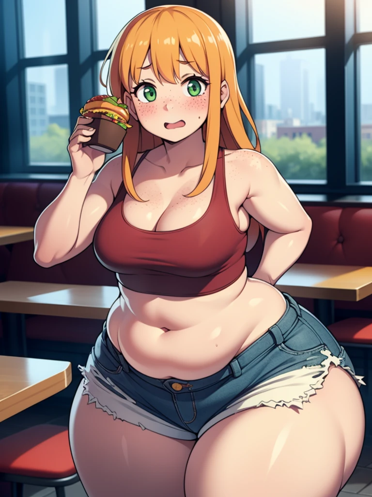 ((Masterpiece)), perfect anatomy, perfect shading, field of depth, (best quality), extremely delicate and beautiful, perfect lighting, detailed face, ultra cute face, cute, ((1girl)), ((solo))

long fluffy orange hair, green eyes, freckles, ((blush)), nervous, looking at viewer, crop top, shorts, , small breasts,ck thighs))), ((wide hips)), chubby,

intricate background, detailed background, fast food restaurant,
