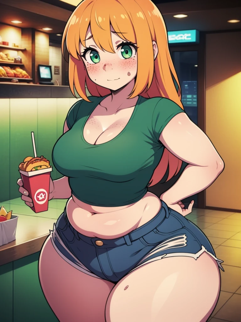 ((Masterpiece)), perfect anatomy, perfect shading, field of depth, (best quality), extremely delicate and beautiful, perfect lighting, detailed face, ultra cute face, cute, ((1girl)), ((solo))

long fluffy orange hair, green eyes, freckles, ((blush)), nervous, looking at viewer, crop top, shorts, cleavage, small breasts, (((thick thighs))), ((wide hips)), chubby,

intricate background, detailed background, fast food restaurant,
