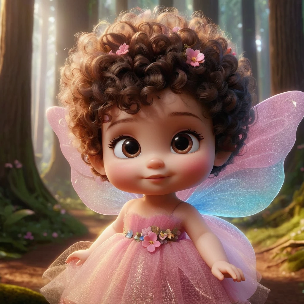 A little baby fairy pixar 3d the fairy has light skin brown eyes and dark brown curly hair, and with well-defined curls, short hair decorated with flowers, She is wearing a pink tulle fairy dress decorated with flowers, its wings are translucent pink and blue. The fairy is in a beautiful forest lit by sunlight, and appears full body