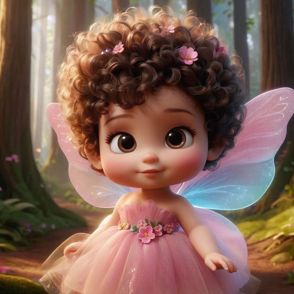 A little baby fairy pixar 3d the fairy has light skin brown eyes and dark brown curly hair, and with well-defined curls, short hair decorated with flowers, She is wearing a pink tulle fairy dress decorated with flowers, its wings are translucent pink and blue. The fairy is in a beautiful forest lit by sunlight, and appears full body